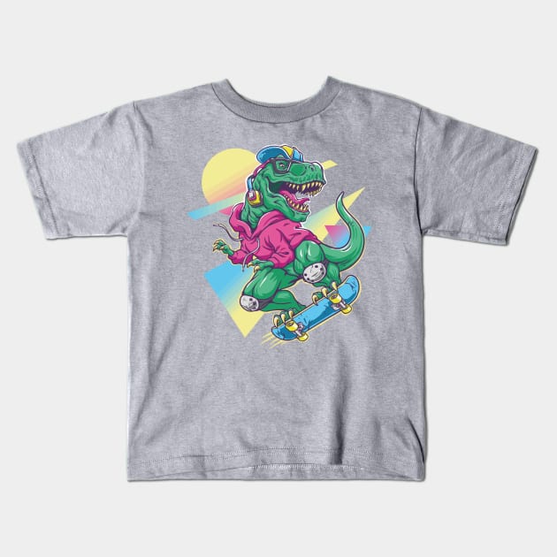 Retro Rex Skater: Time-Traveling Thrills Kids T-Shirt by WorldDinosaurs